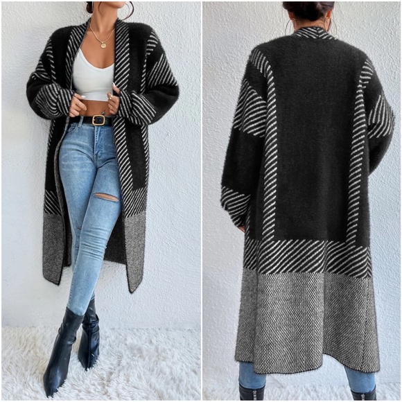 Cozy Color Block Stripes Fuzzy Open Front Cardigan - Picture 6 of 12